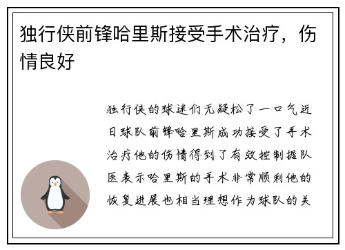 独行侠前锋哈里斯接受手术治疗，伤情良好